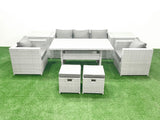 Fimous Garden Dining Set Outdoor Rattan Furniture Set with Sofa Dining Table 2 Chairs 2 Small Footstools 2 Side Tables Light Grey Mixed