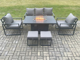 Fimous Aluminium Outdoor Garden Furniture Set Gas Fire Pit Dining Table Set Gas Heater Burner with 2 Arm Chair 2 Small Footstools Dark Grey 7 Seater