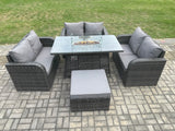 Fimous Rattan Outdoor Garden Furniture Sofa Set Gas Fire Pit Dining Table Gas Heater with Love Sofa Big Footstool Dark Grey Mixed