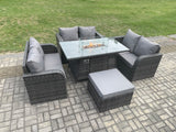 Fimous Rattan Outdoor Garden Furniture Sofa Set Gas Fire Pit Dining Table Gas Heater with Love Sofa Big Footstool Dark Grey Mixed