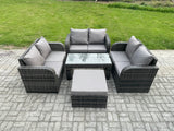 Fimous Rattan Garden Furniture Set 7 Seater Indoor Outdoor Patio Sofa Set with Coffee Table Loveseat Sofa Big Footstool Dark Grey Mixed
