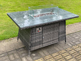 Fimous Rattan Outdoor Furniture Gas Fire Pit Rectangle Dining Table Gas Heater Love Sofa Small Footstools Sets 6 Seater