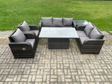 Fimous Wicker PE Rattan Outdoor Garden Furniture Sets Height Adjustable Rising lifting Dining Table Reclining Chair Sofa Set with Side Table Dark Grey Mixed