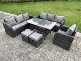 Fimous 9 Seater Dark Grey PE Wicker Rattan Garden Furniture Set Reclining Chair Lounge Sofa 3 Seater Sofa Set Outdoor Rectangular Dining Table With 2 Stools
