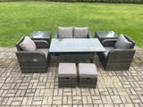 Fimous Rattan Outdoor Garden Furniture Set Rectangular Dining Table and Chair Sofa Set With 2 Side Tables 2 Small Footstools Dark Grey Mixed