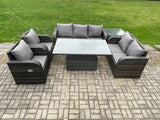 Fimous Wicker PE Rattan Outdoor Garden Furniture Sets Height Adjustable Rising lifting Dining Table Reclining Chair Sofa Set with Side Table Dark Grey Mixed