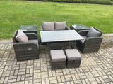 Fimous Rattan Outdoor Garden Furniture Set Rectangular Dining Table and Chair Sofa Set With 2 Side Tables 2 Small Footstools Dark Grey Mixed