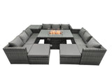 Fimous Rattan Garden Furniture Firepit Set Outdoor 10 Seater Patio Dining Sets with Glass Top Dining Table Side Tables