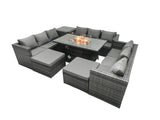 Fimous Rattan Garden Furniture Firepit Set Outdoor 10 Seater Patio Dining Sets with Glass Top Dining Table Side Tables