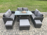 Fimous 9 Seater Outdoor Rattan Furniture Garden Dining Set Gas Fire Pit Table with Love Sofa 3 Footstools Dark Grey Mixed