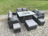 Fimous 9 Seater Outdoor Rattan Furniture Garden Dining Set Gas Fire Pit Table with Love Sofa 3 Footstools Dark Grey Mixed