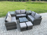 Fimous 8 Seater Outdoor Garden Furniture Sets Wicker Rattan Furniture Sofa Sets with Square Coffee Table Love seat Sofa 2 Small Footstools 2 Side Tables
