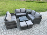 Fimous Outdoor Garden Furniture Sets 8 Seater Wicker Rattan Furniture Sofa Sets with Square Coffee Table Love seat Sofa 2 Small Footstools Side Table