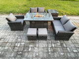 Fimous Rattan Outdoor Garden Furniture Gas Fire Pit Table Sets Gas Heater with Love Sofa Armchair Side Table 2 Small Footstools 7 Seater Dark Mixed Grey