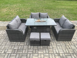 Fimous 8 Seater Outdoor Rattan Furniture Garden Dining Set Gas Fire Pit Table with 2 Small Footstools Love Sofa Dark Grey Mixed