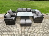 Fimous Wicker PE Rattan Outdoor Garden Furniture Sets Height Adjustable Rising lifting Dining Table Reclining Chair Sofa Set with Side Table 2 Small Footstools Dark Grey Mixed