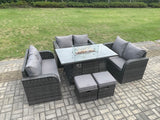 Fimous 8 Seater Outdoor Rattan Furniture Garden Dining Set Gas Fire Pit Table with 2 Small Footstools Love Sofa Dark Grey Mixed