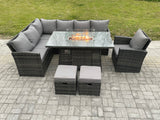 Fimous Rattan Garden Furniture High Back Corner Sofa Gas Fire Pit Dining Table Sets Gas Heater with Armchair 2 Small Footstools 9 Seater Dark Grey Mixed