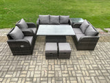 Fimous Wicker PE Rattan Outdoor Garden Furniture Sets Height Adjustable Rising lifting Dining Table Reclining Chair Sofa Set with Side Table 2 Small Footstools Dark Grey Mixed