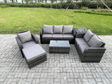 Fimous Patio Garden Furniture Sets Wicker 7 Seater Outdoor Rattan Furniture Sofa Sets with Rectangular Coffee Table Reclining Chair 3 Seater Sofa Big Footstool Side Table