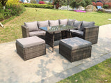 Fimous 8 Seater Grey Rattan Corner Sofa Set Dining Table 2 Big Footstool Garden Furniture Outdoor With Clear Tempered Glass