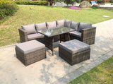 Fimous 8 Seater Grey Rattan Corner Sofa Set Dining Table 2 Big Footstool Garden Furniture Outdoor With Clear Tempered Glass