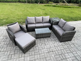 Fimous Patio Garden Furniture Sets Wicker 7 Seater Outdoor Rattan Furniture Sofa Sets with Rectangular Coffee Table Reclining Chair 3 Seater Sofa Big Footstool Side Table