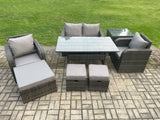 Fimous Rattan Outdoor Garden Furniture Set Rectangular Dining Table and Chair Sofa Set With Side Table 3 Footstools Dark Grey Mixed