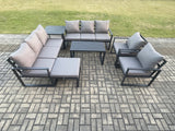 Fimous Aluminium Outdoor Garden Furniture Set 9 Seater Garden Sofa with Oblong Coffee Table Big Footstool Side Table Dark Grey