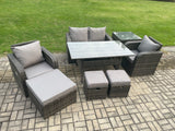 Fimous Rattan Outdoor Garden Furniture Set Rectangular Dining Table and Chair Sofa Set With Side Table 3 Footstools Dark Grey Mixed