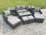 Fimous High Back Rattan Garden Furniture Sofa Sets with Rectangular Coffee Table 2 Side Tables Armchair 2 Big Footstool 2 Small Footstools Dark Grey Mixed