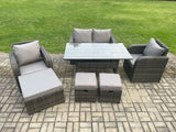 Fimous Rattan Outdoor Garden Furniture Set Rectangular Dining Table and Chair Sofa Set With 3 Footstools Dark Grey Mixed