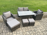Fimous Rattan Outdoor Garden Furniture Set Rectangular Dining Table and Chair Sofa Set With 3 Footstools Dark Grey Mixed