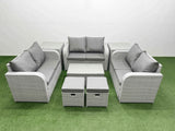 Fimous  9 Seater PE Wicker Rattan Furniture Sofa Sets with Rectangular Coffee Table 2 Seater Love Sofa 3 Stool 2 Side Table Light Grey