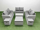 Fimous  8 Seater PE Wicker Rattan Furniture Sofa Sets with Rectangular Coffee Table 2 Seater Love Sofa 2 Stool 2 Side Table Light Grey