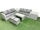 Fimous Outdoor Garden Furniture Sets 8 Seater Wicker Rattan Furniture Sofa Sets with Oblong Coffee Table high Back Lounge Sofa Stools 2 Side Table Light Grey