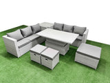 Fimous 7 PCs Rising Dining Table Set Rattan Furniture Set with 3 Seater Sofa 3 Footstools Side Table Light Grey