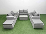 Fimous  8 Seater PE Wicker Rattan Furniture Sofa Sets with Rectangular Coffee Table 2 Seater Love Sofa 2 Big Footstool Side Table Light Grey