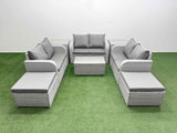 Fimous  8 Seater PE Wicker Rattan Furniture Sofa Sets with Rectangular Coffee Table 2 Seater Love Sofa 2 Big Footstool 2 Side Table Light Grey
