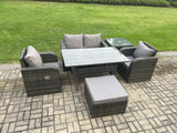 Fimous Outdoor Rattan Garden Furniture Lounge Sofa Set With Oblong Rectangular Dining Table 2 PC Reclining Chair Side Table Big Footstool
