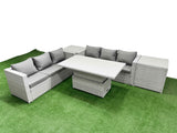 Fimous 5 PCs Rising Dining Table Set Rattan Furniture Set with 3 Seater Sofa 2 Side Tables Light Grey