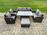 Fimous Rattan Outdoor Garden Furniture Sets Height Adjustable Rising lifting Dining Table Reclining Chair Sofa Set with Big Footstool Dark Grey Mixed