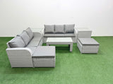 Fimous Outdoor Garden Furniture Sets 8 Seater Wicker Rattan Furniture Sofa Sets with Oblong Coffee Table high Back Lounge Sofa 2 Big Footstool 2 Side Table Light Grey