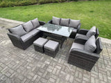 Fimous 10 Seater Dark Grey PE Wicker Rattan Garden Furniture Set Reclining Chair Lounge 3 Seater Sofa Set Outdoor Rectangular Dining Table Stools