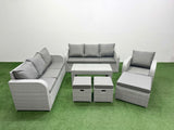Fimous 10 Seater Poly Rattan Outdoor Garden Furniture Oblong Coffee Table Sofa Set Patio 3 Seater Sofa Reclining Chair 3 Seater Sofa 3 Stools Light Grey