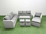 Fimous 10 Seater Poly Rattan Outdoor Garden Furniture Oblong Coffee Table Sofa Set Patio 3 Seater Sofa Reclining Chair 3 Seater Sofa 3 Stools Side Table Light Grey