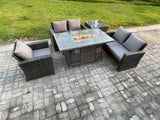 Fimous Rattan Outdoor Garden Furniture Gas Fire Pit Table Sets Gas Heater with Love Sofa Armchair Side Table 5 Seater Dark Mixed Grey