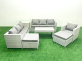 Fimous Wicker PE Rattan Sofa Garden Furniture Set with Oblong Coffee Table Armchair 2 Big Footstools Side Table Light Grey Mixed