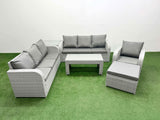 Fimous 8 Seater Poly Rattan Outdoor Garden Furniture Oblong Coffee Table Sofa Set Patio 3 Seater Sofa Reclining Chair 3 Seater Sofa Big Footstool Side Table Light Grey