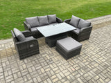 Fimous 7 Seater Outdoor Rattan Furniture Garden Dining Set Patio Height Adjustable Rising lifting Table with 3 Seater Sofa Reclining Chair Love Sofa Dark Grey Mixed